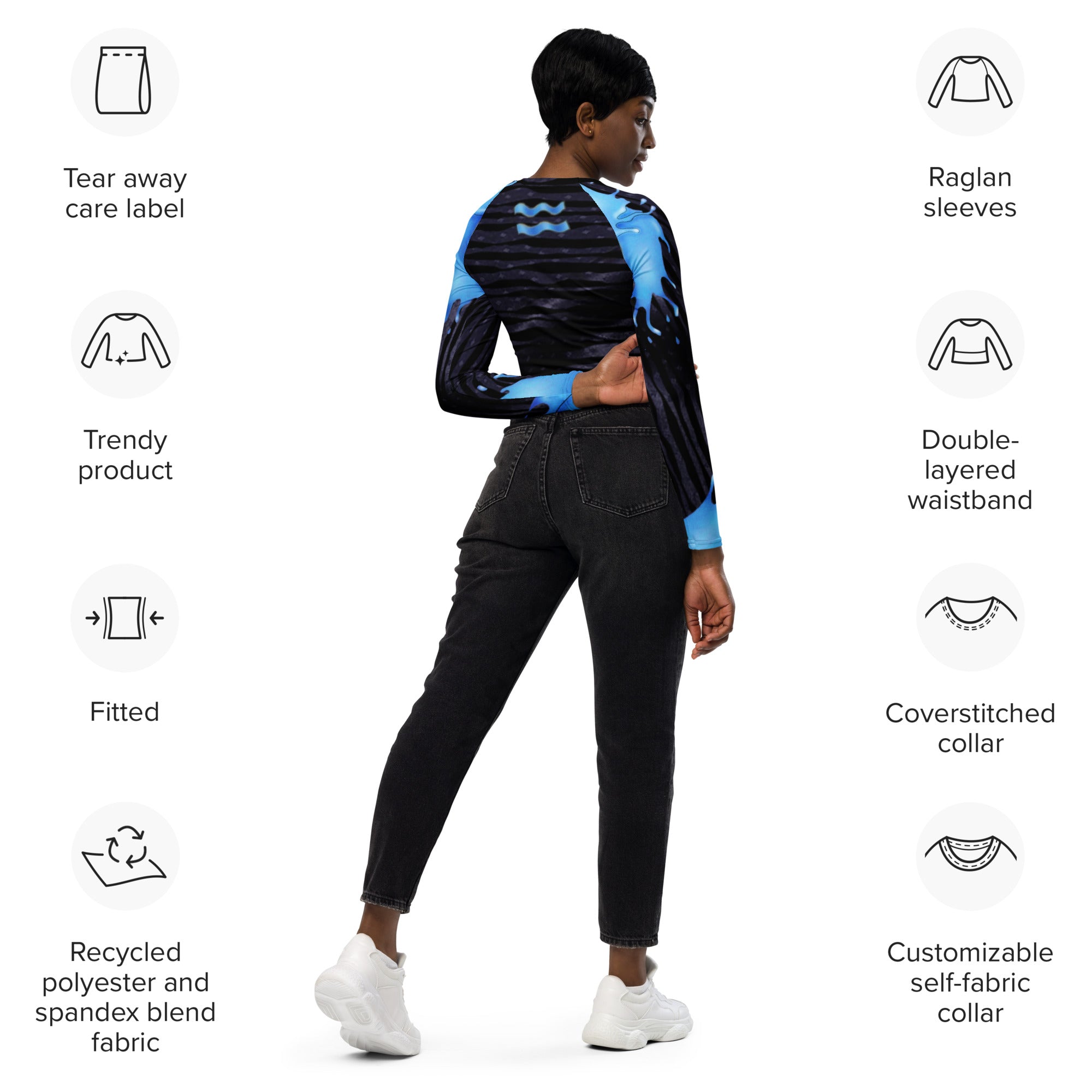 Recycled Long-Sleeve Crop Top- Gym Wear or Streetwear for Aquarius- "Cosmic Aqua" by WickedYo.
